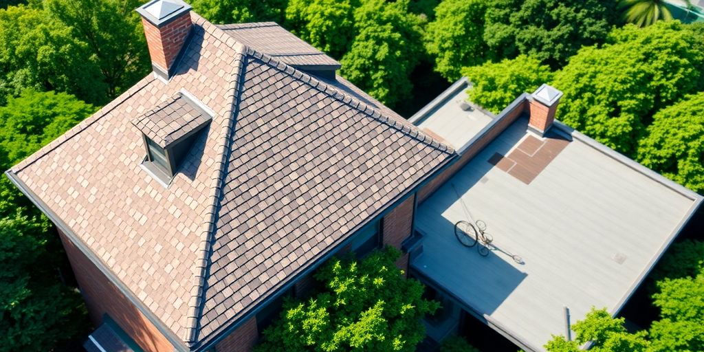 Schuin en plat dak met groene omgeving.