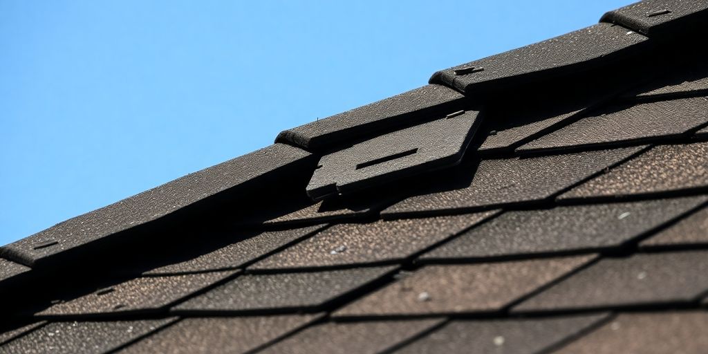 Versleten dakbedekking met scheuren en verkleuring.