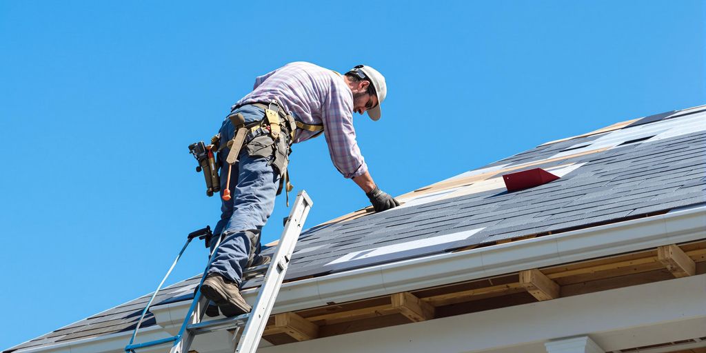 Een dakdekker plaatst nieuwe dakbedekking op een huis.