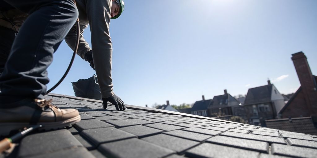 Dakdekker werkt aan dak met Zeist op achtergrond.